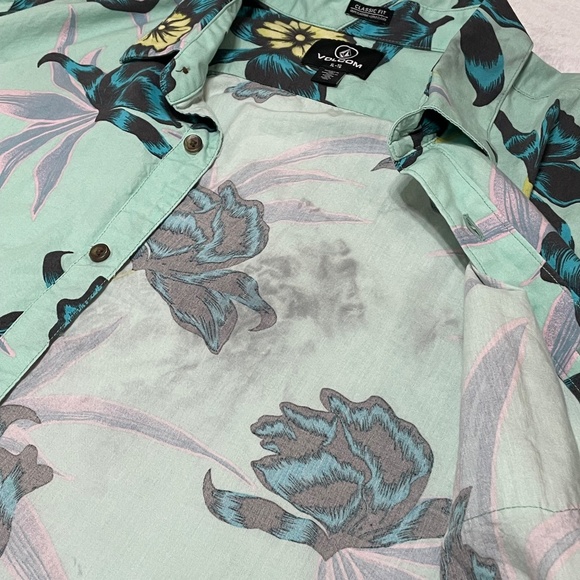 Volcom Men's Button  Hawaiian Print Collared Short Sleeve Green/ Blue Shirt XL - Picture 8 of 13